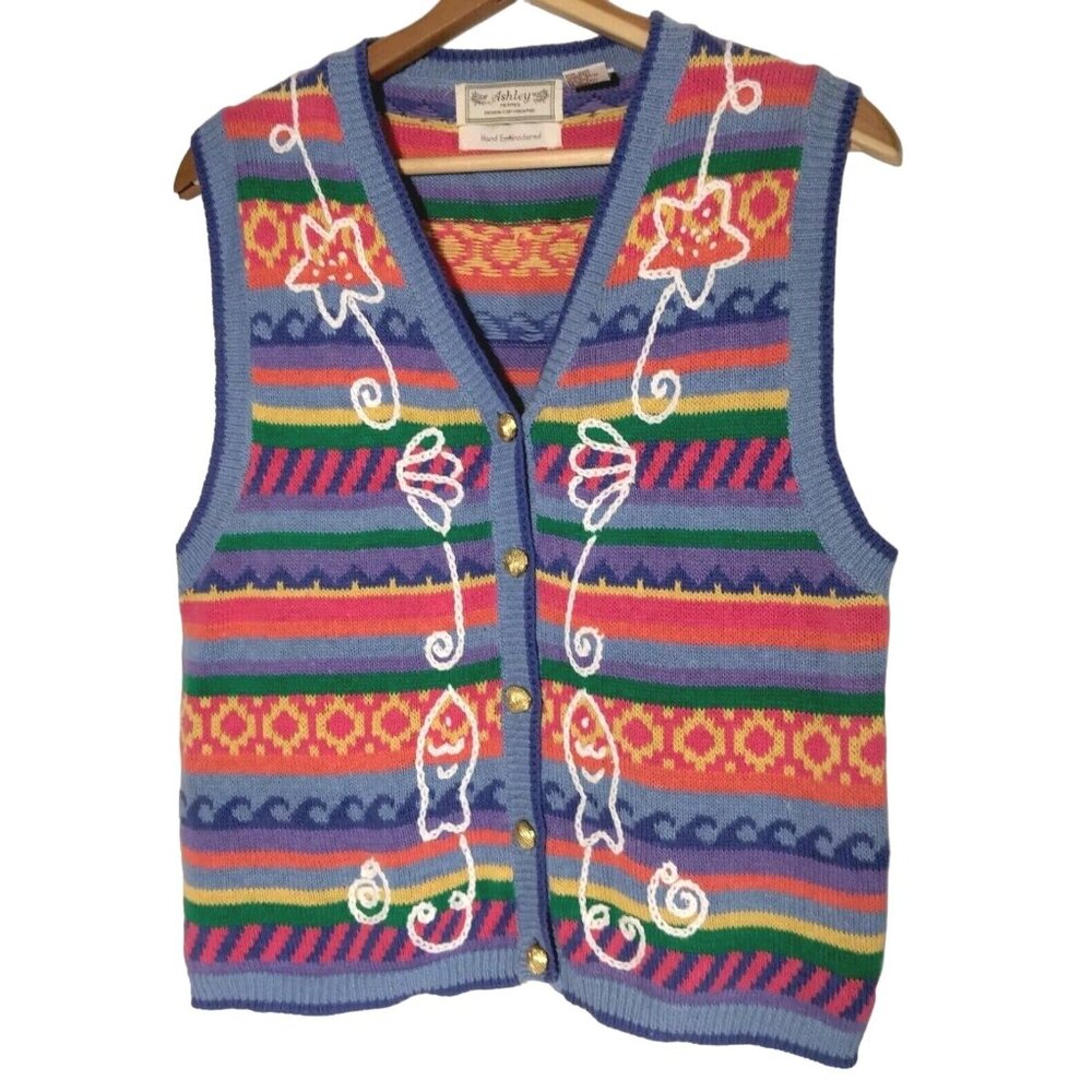 Ashley Petites Sweater Vest PL Blue Ocean Beach Waves Fish Seashell Button Up
